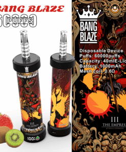Ein farbenfrohes Einweg-Vape-Gerät von Bang Blaze in rot-schwarzem Design mit der Aufschrift „The Empress“ sowie einer Erdbeere und einer Kiwi. Auf der Verpackung werden seine Funktionen wie 60.000 Züge, 40 ml Fassungsvermögen und 1.000 mAh-Akku präsentiert.
