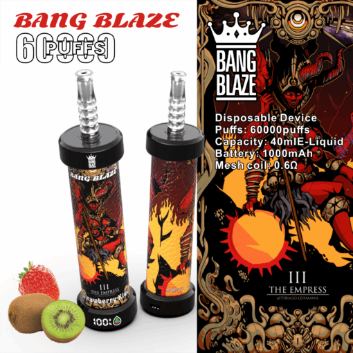 Ein farbenfrohes Einweg-Vape-Gerät von Bang Blaze in rot-schwarzem Design mit der Aufschrift „The Empress“ sowie einer Erdbeere und einer Kiwi. Auf der Verpackung werden seine Funktionen wie 60.000 Züge, 40 ml Fassungsvermögen und 1.000 mAh-Akku präsentiert.