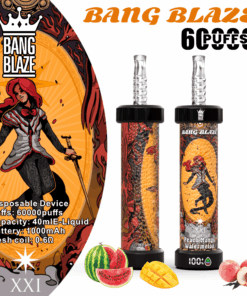 Eine farbenfrohe Werbung für ein Einweggerät von Bang Blaze mit einem künstlerischen Design mit einer Figur mit roten Haaren und schwarzem Outfit sowie den Produktdetails: 6000 Züge, 40 ml E-Liquid-Kapazität, 1000 mAh-Akku und eine Mesh-Spule von 0,6 Ω, mit Abbildungen von Pfirsichen, Mangos und Wassermelonen am unteren Rand.