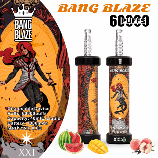 Eine farbenfrohe Werbung für ein Einweggerät von Bang Blaze mit einem künstlerischen Design mit einer Figur mit roten Haaren und schwarzem Outfit sowie den Produktdetails: 6000 Züge, 40 ml E-Liquid-Kapazität, 1000 mAh-Akku und eine Mesh-Spule von 0,6 Ω, mit Abbildungen von Pfirsichen, Mangos und Wassermelonen am unteren Rand.