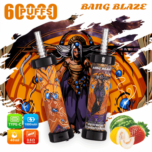 Zwei farbenfrohe Vape-Geräte mit der Aufschrift „Bang Blaze“ und einem Kunstwerk mit einer mystischen Figur vor einem lebendigen Hintergrund, auf dem Funktionen wie „6000 Züge“, „Typ C“ und Geschmackssymbole für Wassermelone, Erdbeere und Melone zu sehen sind.