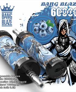 Zwei stylische Einweg-Vape-Geräte in blau-weißem Design mit Beeren und einer Figurenillustration im Hintergrund, der Aufschrift „Bang Blaze“ und Angaben zu Zügen, Kapazität, Batterie und Spulenwiderstand.