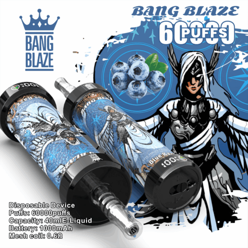 Zwei stylische Einweg-Vape-Geräte in blau-weißem Design mit Beeren und einer Figurenillustration im Hintergrund, der Aufschrift „Bang Blaze“ und Angaben zu Zügen, Kapazität, Batterie und Spulenwiderstand.