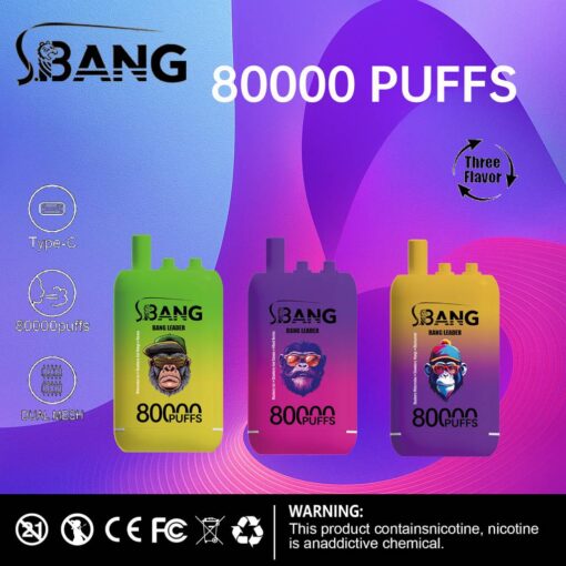 Ein Werbebild für S.BANG-Vape-Produkte, das drei bunte Einweg-Vape-Geräte mit der Aufschrift „80000 PUFFS“ vor einem lebendigen Hintergrund zeigt, mit Symbolen, die auf Typ-C-Laden und Dual-Mesh-Technologie hinweisen, sowie einer Warnung zum Nikotingehalt.