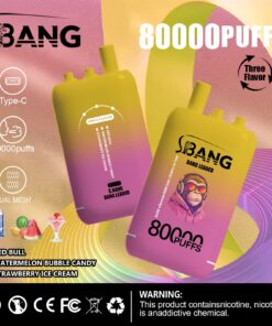 Ein Vape-Produkt namens S.BANG mit einem Design mit Farbverlauf von Gelb nach Lila, das seine Kapazität von 80.000 Zügen und die Option auf drei Geschmacksrichtungen hervorhebt: Red Bull, Watermelon Bubble Candy und Strawberry Ice Cream, mit Symbolen, die auf Typ-C-Laden und Dual-Mesh-Technologie hinweisen.