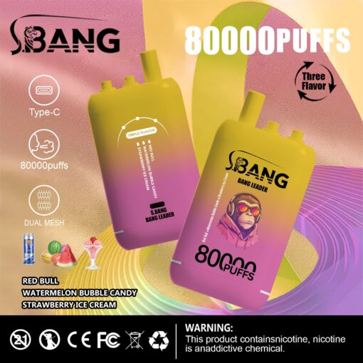 Ein Vape-Produkt namens S.BANG mit einem Design mit Farbverlauf von Gelb nach Lila, das seine Kapazität von 80.000 Zügen und die Option auf drei Geschmacksrichtungen hervorhebt: Red Bull, Watermelon Bubble Candy und Strawberry Ice Cream, mit Symbolen, die auf Typ-C-Laden und Dual-Mesh-Technologie hinweisen.