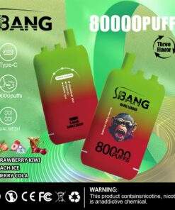 Ein leuchtend grün-rotes Vaping-Gerät mit der Aufschrift „S.BANG“ und dem Text „80000 PUFFS“, das seine drei Geschmacksrichtungen präsentiert: Erdbeer-Kiwi, Pfirsich-Eis und Kirsch-Cola, mit Symbolen für das Laden über Typ C und die Dual-Mesh-Technologie, vor einem sanften grünen Hintergrund und einer Warnung zum Nikotingehalt.