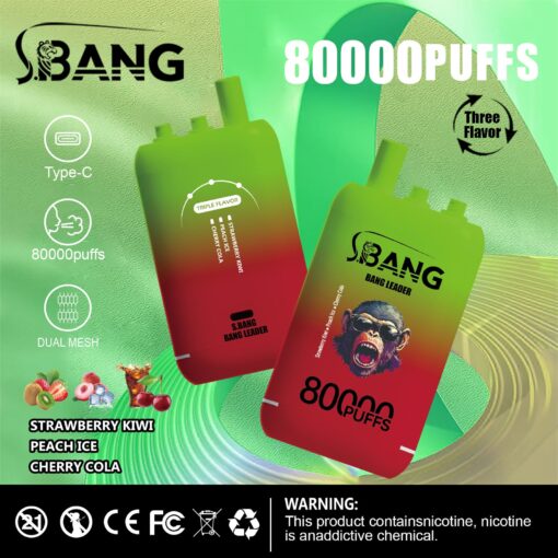 Ein leuchtend grün-rotes Vaping-Gerät mit der Aufschrift „S.BANG“ und dem Text „80000 PUFFS“, das seine drei Geschmacksrichtungen präsentiert: Erdbeer-Kiwi, Pfirsich-Eis und Kirsch-Cola, mit Symbolen für das Laden über Typ C und die Dual-Mesh-Technologie, vor einem sanften grünen Hintergrund und einer Warnung zum Nikotingehalt.
