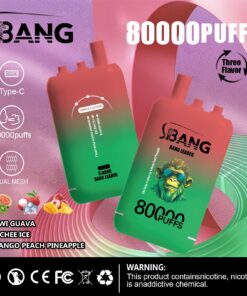 Eine lebendige Grafik, die ein S.BANG-Vape-Gerät mit farbenfrohem Design zeigt und die wichtigsten Details wie „80.000 Züge“, „Dreifachgeschmack“ und die Geschmacksrichtungen Kiwi-Guave, Litschi-Eis und Mango-Pfirsich-Ananas sowie einen Cartoon-Gorilla mit Sonnenbrille hervorhebt.