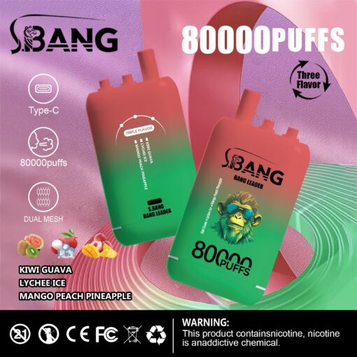 Eine lebendige Grafik, die ein S.BANG-Vape-Gerät mit farbenfrohem Design zeigt und die wichtigsten Details wie „80.000 Züge“, „Dreifachgeschmack“ und die Geschmacksrichtungen Kiwi-Guave, Litschi-Eis und Mango-Pfirsich-Ananas sowie einen Cartoon-Gorilla mit Sonnenbrille hervorhebt.