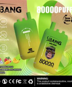 Eine Werbung für das Vape-Produkt S.BANG mit einem grünen Vape-Gerät mit der Aufschrift „80000 PUFFS“ und Werbung für drei Geschmacksrichtungen: Wassermeloneneis, Erdbeere und Mango sowie Banane, mit Symbolen, die auf Typ-C-Laden und Dual-Mesh-Design hinweisen.
