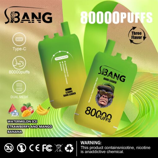 Eine Werbung für das Vape-Produkt S.BANG mit einem grünen Vape-Gerät mit der Aufschrift „80000 PUFFS“ und Werbung für drei Geschmacksrichtungen: Wassermeloneneis, Erdbeere und Mango sowie Banane, mit Symbolen, die auf Typ-C-Laden und Dual-Mesh-Design hinweisen.