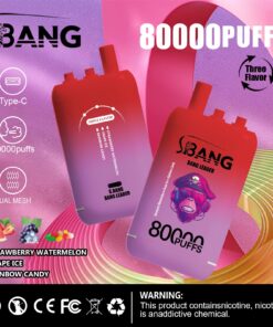 Eine farbenfrohe Werbung für S.BANG-Vape-Produkte, die ein Design mit zwei Vape-Geräten und Etiketten mit Geschmacksrichtungen wie Erdbeer-Wassermelone, Traubeneis und Regenbogenbonbons sowie Symbolen für das Laden über Typ C und einem fettgedruckten Text „80000 PUFFS“ zeigt.