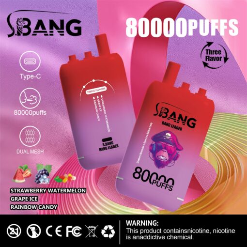 Eine farbenfrohe Werbung für S.BANG-Vape-Produkte, die ein Design mit zwei Vape-Geräten und Etiketten mit Geschmacksrichtungen wie Erdbeer-Wassermelone, Traubeneis und Regenbogenbonbons sowie Symbolen für das Laden über Typ C und einem fettgedruckten Text „80000 PUFFS“ zeigt.