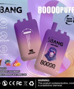 Ein Werbebild, das das Vape-Produkt S.BANG vorstellt und seine Kapazität von 80.000 Zügen hervorhebt. Es bietet Geschmacksrichtungen wie Cola-Eis, Blaubeere-Himbeere und Pfirsich-Mango-Wassermelone sowie Designelemente wie einen Ladeanschluss Typ C und eine Dual-Mesh-Funktion.