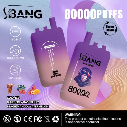 Ein Werbebild, das das Vape-Produkt S.BANG vorstellt und seine Kapazität von 80.000 Zügen hervorhebt. Es bietet Geschmacksrichtungen wie Cola-Eis, Blaubeere-Himbeere und Pfirsich-Mango-Wassermelone sowie Designelemente wie einen Ladeanschluss Typ C und eine Dual-Mesh-Funktion.