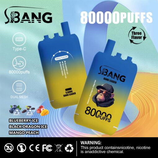 Ein farbenfrohes Vaping-Gerät mit der Aufschrift „S.BANG“ mit verschiedenen Geschmacksrichtungen, einer Kapazität von 80.000 Zügen und Bildern von Beeren und einem Comic-Affen auf einem lebendigen Hintergrund.