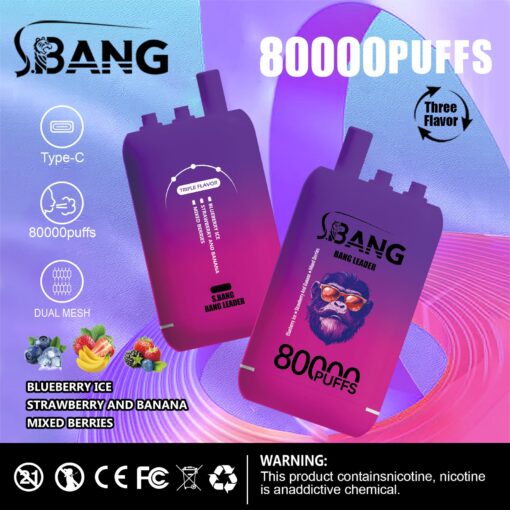 Eine lebendige Werbung für das S.BANG-Vaping-Gerät mit Dual-Mesh-Design und einer Kapazität von 80.000 Zügen mit Aromen wie Blaubeereis, Erdbeere und Banane sowie gemischten Beeren.