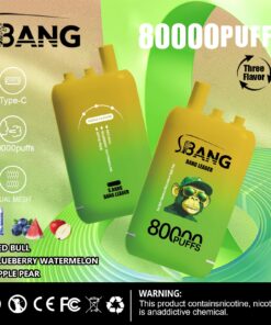 Ein Werbebild für das SBANG-Vaping-Gerät mit zwei bunten E-Zigaretten-Pods mit Geschmacksrichtungen wie Red Bull, Blaubeere, Wassermelone und Apfel, Birne, die die Kapazität des Geräts von 80.000 Zügen demonstrieren und seine Typ-C-Lade- und Dual-Mesh-Funktionen hervorheben.