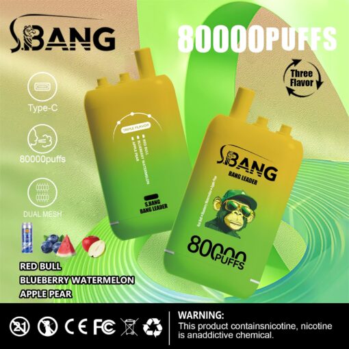 Ein Werbebild für das SBANG-Vaping-Gerät mit zwei bunten E-Zigaretten-Pods mit Geschmacksrichtungen wie Red Bull, Blaubeere, Wassermelone und Apfel, Birne, die die Kapazität des Geräts von 80.000 Zügen demonstrieren und seine Typ-C-Lade- und Dual-Mesh-Funktionen hervorheben.