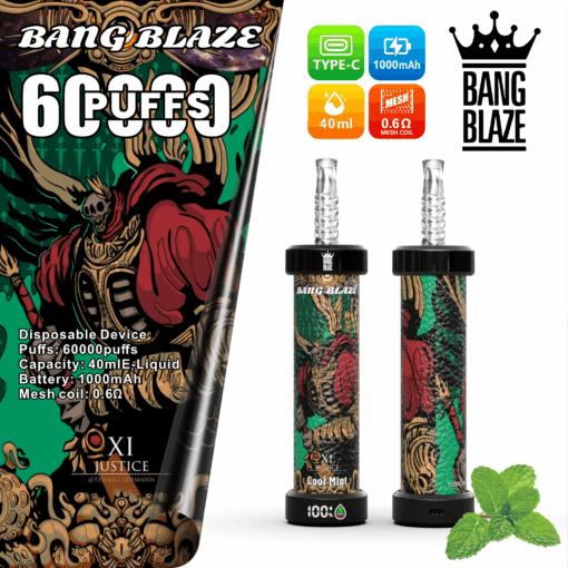 Un appareil de vapotage jetable coloré de marque « Bang Blaze » présentant un design audacieux avec un personnage squelette, accompagné de deux vaporisateurs cylindriques affichant des illustrations vibrantes, des spécifications comprenant 60 000 bouffées, une batterie de 1 000 mAh, une capacité de 40 ml et une bobine en maille, ainsi qu'une feuille de menthe pour le contexte de saveur.