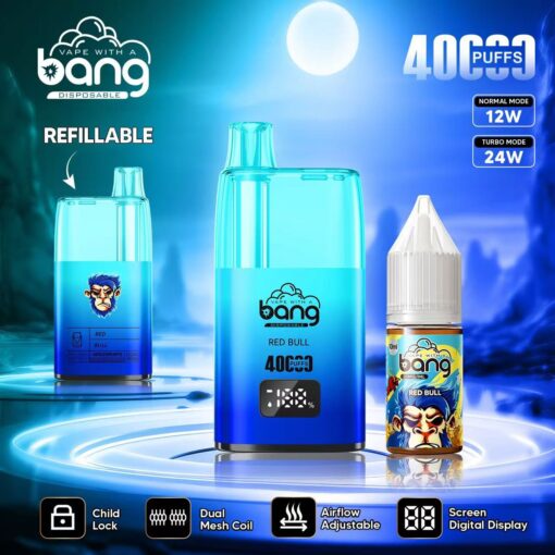Dispositivo de vapeo con sabor a Red Bull, con capacidad para 4000 caladas, diseño rellenable, flujo de aire ajustable y resistencia de doble malla. Incluye una botella de e-líquido y una pantalla digital que muestra el nivel de batería.