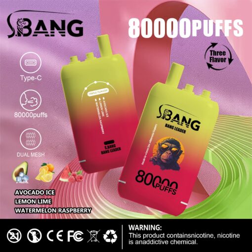 Eine farbenfrohe Vape-Pen-Verpackung mit der Aufschrift „S.BANG BANG LEADER“ mit dem Text „80000 PUFFS“ und Symbolen, die auf Typ-C-Laden und Dual-Mesh-Technologie hinweisen, sowie Geschmacksoptionen: Avocado-Eis, Zitrone-Limette und Wassermelone-Himbeere.