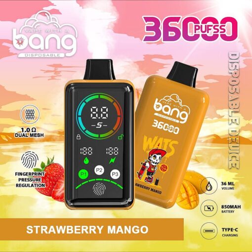 Un dispositivo per svapare usa e getta con display digitale, al gusto di fragola e mango, 3600 boccate, batteria da 850 mAh e ricarica di tipo C.