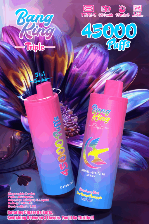 A vibrant image of a disposable vaping device labeled 'Bang King Triple' with colorful gradient design, showcasing its features such as '45000 Puffs' and '3 in 1 Switch', set against a backdrop of large, colorful petals.