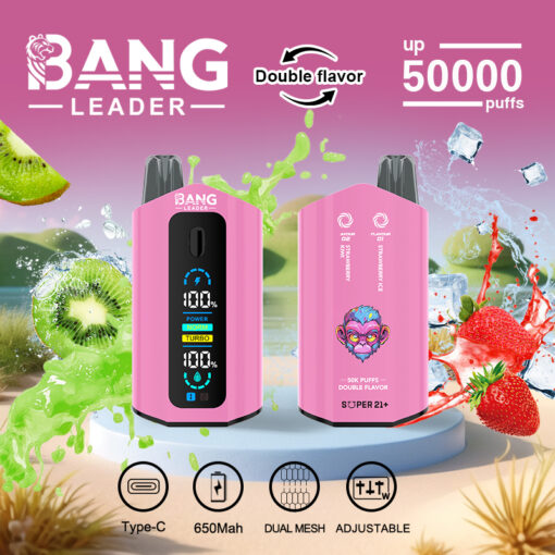 Image promotionnelle montrant deux appareils de vapotage Bang Leader roses avec écrans numériques, entourés de tranches de kiwi et de fraise fraîches, de glaçons et d'éclaboussures d'eau, mettant en évidence des fonctionnalités telles que la double saveur, jusqu'à 50 000 bouffées, la charge de type C, la batterie de 650 mAh, la double maille et les paramètres réglables.