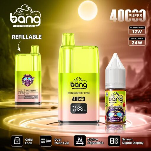 Un dispositivo de vapeo desechable recargable y una botella de e-líquido con sabor a "fresa y kiwi", con flujo de aire ajustable, bobina de malla doble, pantalla digital y bloqueo para niños.