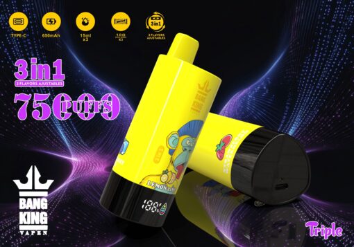 Ein leuchtend gelbes Vape-Gerät mit der Aufschrift „Bang King“ und Cartoon-Grafiken eines Affen und Fruchtaromen, mit der Aufschrift „3 in 1“, „7500 PUFFS“ und Batteriedetails vor einem dunklen, bunten Hintergrund mit einem wellenartigen Muster.