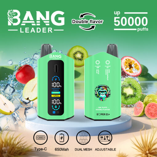 Image promotionnelle pour la vape jetable BANG LEADER avec double saveur, affichage numérique et design vert, mettant en vedette des fruits comme la pomme, le kiwi et le fruit de la passion, et mettant en évidence des fonctionnalités telles que 50 000 bouffées, chargement de type C, batterie de 650 mAh, double maille et paramètres réglables.