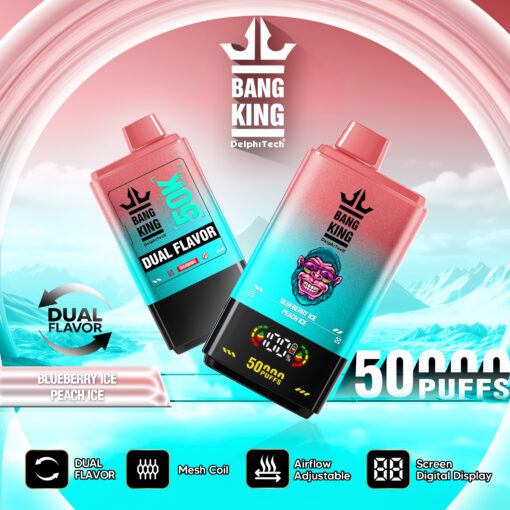 Ein Werbebild mit einem Einweg-Vape-Produkt mit zwei Geschmacksrichtungen, Blueberry Ice und Peach Ice. Das Gerät hat eine Kapazität von 50.000 Zügen, einstellbare Luftzufuhr, Mesh-Spule und ein digitales Display.