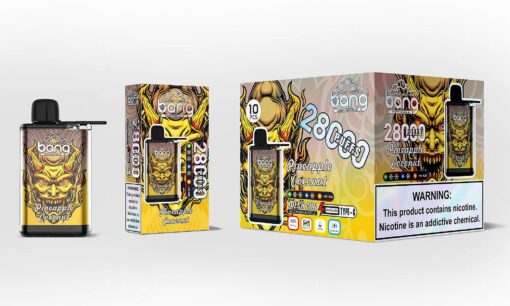 Ein Einweg-Vaping-Gerät und eine Verpackung mit dem Geschmack „Ananas-Kokosnuss“, einem kräftigen, farbenfrohen Design und einer Warnung zum Nikotingehalt.
