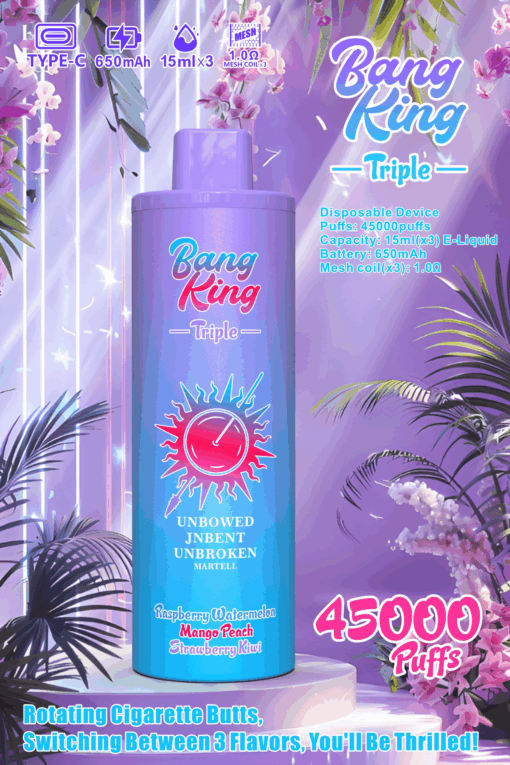 A colorful promotional image for the Bang King Triple disposable vape device, featuring a purple-blue canister with flavor details including Raspberry Watermelon, Mango Peach, and Strawberry Kiwi, surrounded by floral decorations and bright lighting effects.