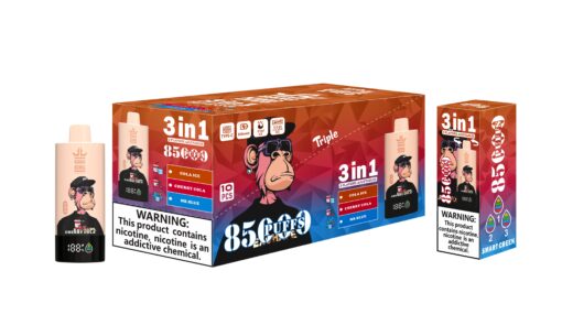 Pack of vaping devices featuring a character of a monkey in sunglasses, labeled as 'Bang King', with three flavors: Cola Ice, Cherry Cola, and Mr. Blue, containing 85 puffs per device and a warning about nicotine addiction on the packaging.