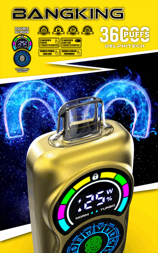 Un primer plano de un dispositivo de vapeo "Bang King" con una pantalla digital que muestra configuraciones y símbolos coloridos, rodeado de patrones de energía azul brillante y la etiqueta "36,000 Puffs".