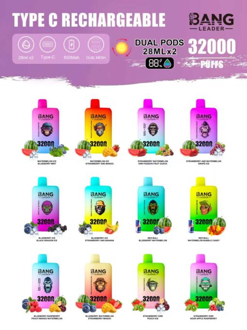 Une image promotionnelle présentant différentes saveurs de vapes rechargeables Bang Leader, présentant 32 000 bouffées, des dosettes doubles et une capacité de 28 ml x 2. Chaque vape a des combinaisons de couleurs et de saveurs différentes avec des illustrations de fruits qui l'accompagnent.