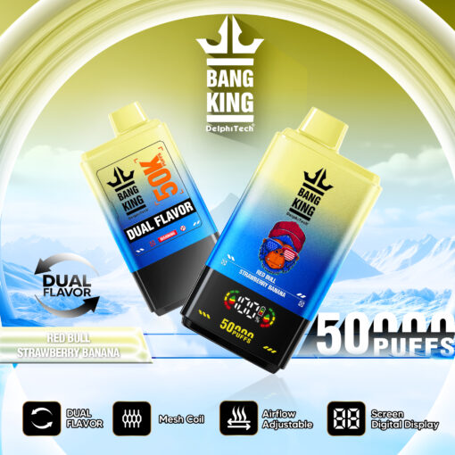 Ein Werbebild eines Vape-Produkts von „Bang King“ mit zwei bunten Geräten mit den Aufschriften „Dual Flavor“ und „50K Puffs“, die die Geschmacksrichtungen Red Bull und Strawberry Banana präsentieren. Die Geräte verfügen über eine digitale Anzeige und sind vor einem schneebedeckten Berghintergrund zu sehen.
