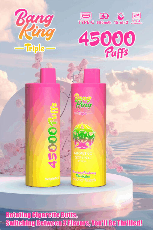 Werbebild für den Einweg-Vaporizer Bang King Triple mit zwei Geräten mit buntem Farbverlauf, Werbung für 45.000 Züge, Typ-C-Ladefunktion, 650-mAh-Akku, drei 15-ml-E-Liquid-Tanks, Mesh-Coil und Umschalten zwischen drei Geschmacksrichtungen: Erdbeere-Himbeere, Dreifachmelone und saure Mango-Ananas.