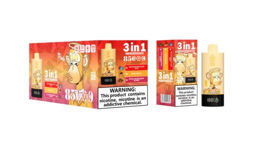 A colorful packaging for a vaping device, showing a cartoon monkey mascot on the front, labeled '3 in 1' and listing three flavors: Watermelon Ice, Red Bull, and Strawberry Kiwi, with a warning about nicotine content at the bottom.
