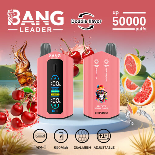 Image promotionnelle pour l'appareil de vapotage BANG LEADER comprenant deux appareils roses avec un fond cerise et pamplemousse, mettant en évidence des fonctionnalités telles que la double saveur, jusqu'à 50 000 bouffées, le chargement USB Type-C, la batterie 650 mAh, le double maillage et les paramètres réglables.