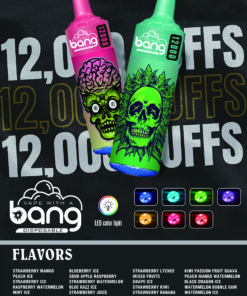 A promotional image showcasing three brightly colored disposable vape devices with the brand name 'bang', featuring a pink and green device with a skull graphic, and a message indicating they offer 12,000 puffs, alongside a variety of fruity flavors listed below.