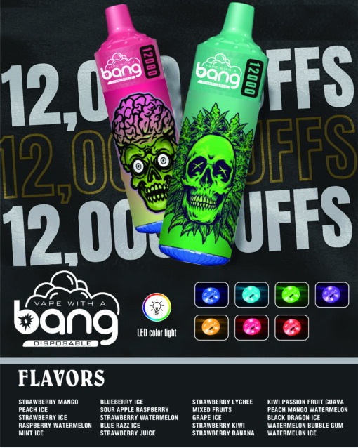 A promotional image showcasing three brightly colored disposable vape devices with the brand name 'bang', featuring a pink and green device with a skull graphic, and a message indicating they offer 12,000 puffs, alongside a variety of fruity flavors listed below.