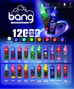A colorful display of various flavors of Bang disposable vapes, featuring bold designs with skull graphics, each labeled with flavor names like Strawberry Watermelon, Kiwi Passion Fruit Guava, and Mixed Fruits, along with specifications for puffs and LED light indicators.
