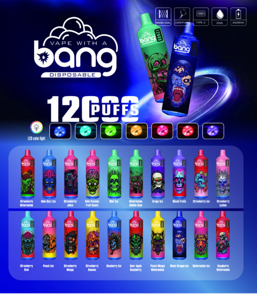 A colorful display of various flavors of Bang disposable vapes, featuring bold designs with skull graphics, each labeled with flavor names like Strawberry Watermelon, Kiwi Passion Fruit Guava, and Mixed Fruits, along with specifications for puffs and LED light indicators.