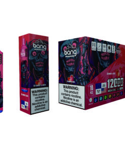 A colorful display of Bang brand vaping products featuring a skull design, including a pink 1200 puffs device labeled for strawberry juice flavor, a carton featuring warning labels about nicotine addiction, and details about 12 puffs per device with mesh coil technology.