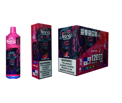 A colorful display of Bang brand vaping products featuring a skull design, including a pink 1200 puffs device labeled for strawberry juice flavor, a carton featuring warning labels about nicotine addiction, and details about 12 puffs per device with mesh coil technology.
