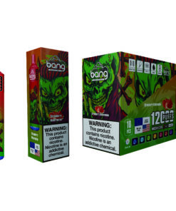 A colorful packaging set for a vaping product labeled 'Bang' featuring images of a cartoonish green-skinned character, with the label reading 'Strawberry Watermelon' and warnings about nicotine addiction prominently displayed.